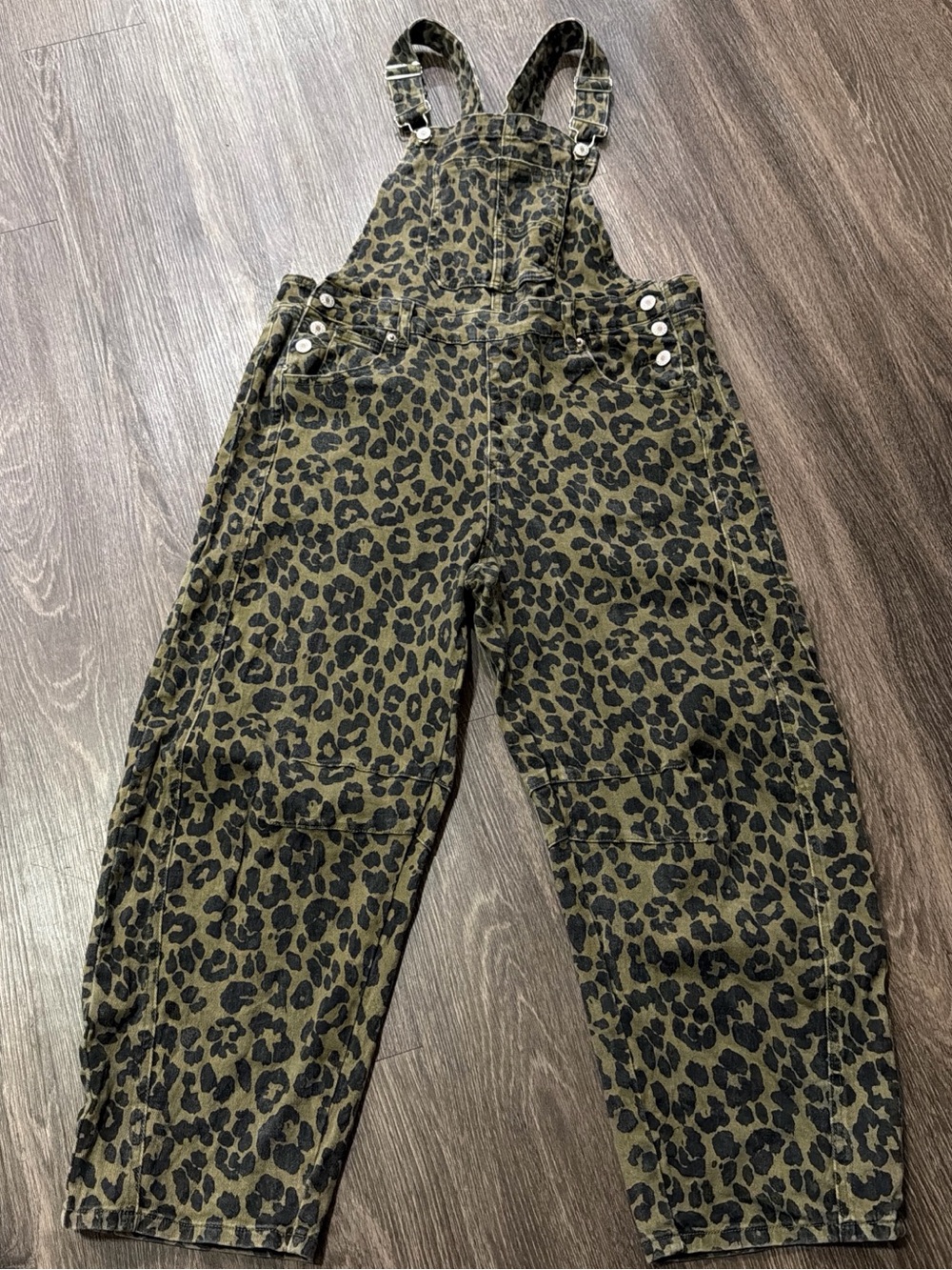 Amazon Olive Green and Black Leopard Print barrel Leg Overalls size medium